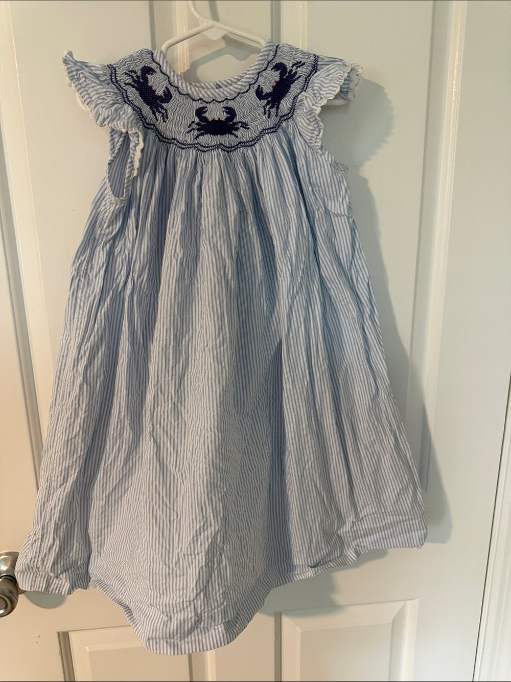 Blue Striped Smocked Crab Yoke Girls Dress 4T